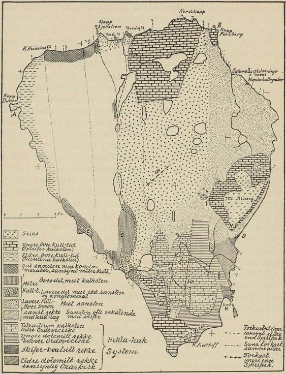 Bjørn-øens geologiske bygning. Kartskisse av O. Holtedahl efter hans egne<bunnersøkelser i 1918, og J. G. Andersson’s i 1898.