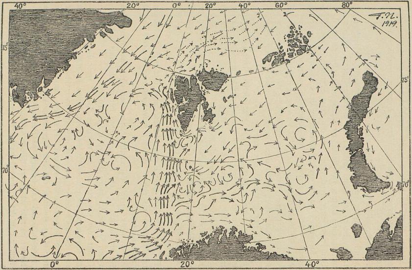 <smalIll. F. N.[=Fridtjof Nansen] 1919</smal<bStrøm-kart over de øvre vann-lags cirkulasjon i det nordlige Norske Hav, Barents Havet og en del av Nordpol-havet.<bPilene angir strømmenes retning. Pilene tegnet med prikkede linjer antyder strøm unner overflate-lagene.