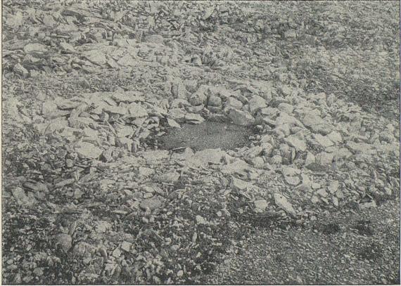 Runn fordypning i stenmark, med mudder i bunnen.