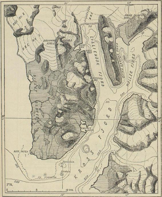 <smalIll. F. N.[=Fridtjof Nansen]</smal<bKross-fjorden og dens omgivelser. Efter Gunnar Isachsen’s karter.<b<smalDybde-kurvene i fjorden er trukket for 50, 100, 200, og 300 m., høide-kurvene på lann for hver 50 m.</smal