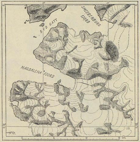 <smalIll. F. N.[=Fridtjof Nansen]</smal<bLannet ved Magdalena Fjord og bunnen av Smeerenburg Fjord.<bEfter G. Isachsen’s kart.