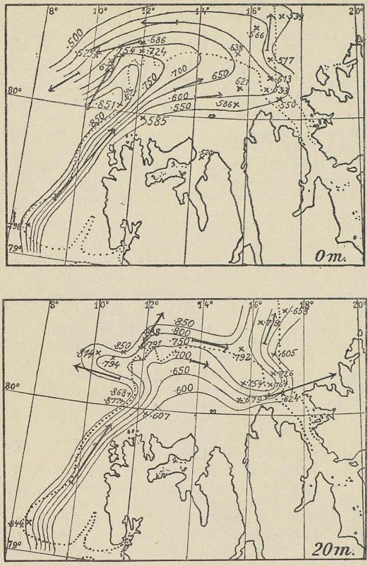 Karter over sjøvannets gjennemsnitlige tethet i havet nord for Spitsbergen<b- paa øverste kart i lagene mellem 0 og 200 m., på nederste kart mellem<b20 og 200 m. - i august 1912. Den prikkede linje er dybde-kurven for<b200 m. Se forklaring i teksten. Skala 1 : 2 500 000.