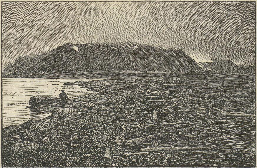 <smalIll. F. N.[=Fridtjof Nansen]</smal<bStrann med rek-ved på Hollender Nesset, ved det gamle Smeesenburg på Amsterdam-øen.