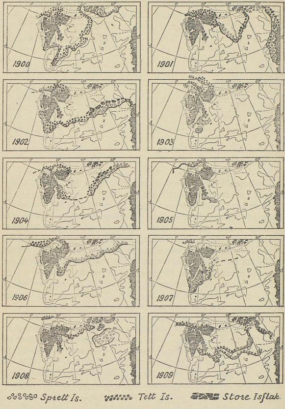 Isens utbredning runt Spitsbergen i august i årene 1900 til 1909.<bEfter karter utgitt av det Danske Meteorologiske Institutt.