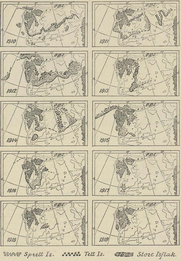 Isens utbredning runt Spitsbergen i august i årene 1900 til 1909.<bEfter karter utgitt av det Danske Meteorologiske Institutt.