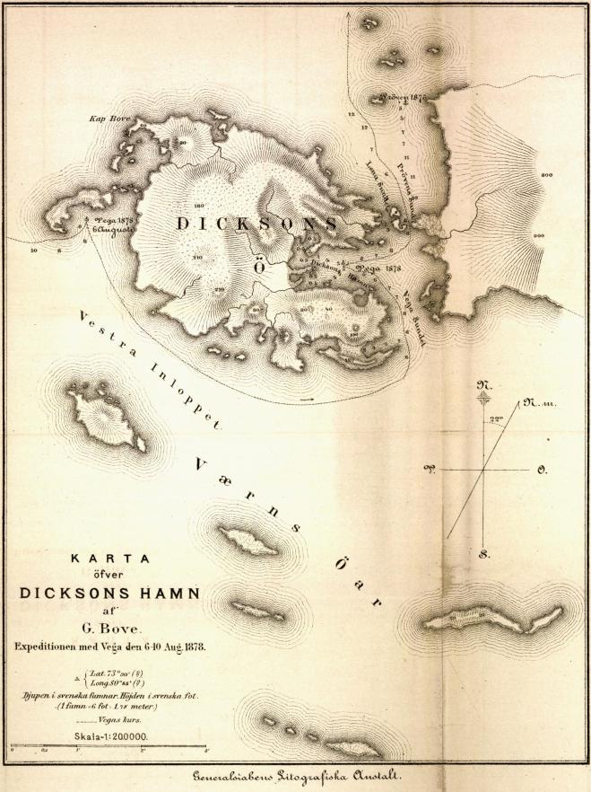 Generalstabens Litografiska Anstalt.<bKARTA<böfver<bDICKSONS HAMN<baf<bG. Bove.<bExpeditionen med Vega den 6-10 Aug. 1878