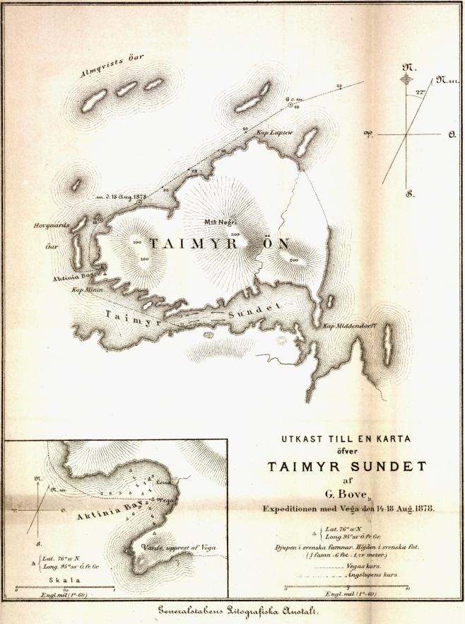 Generalstabens Litografiska Anstalt.<bUTKAST TILL EN KARTA<böfver<bTAIMYR SUNDET<baf<bG. Bove.<bExpeditionen med Vega den 14-18 Aug. 1878.