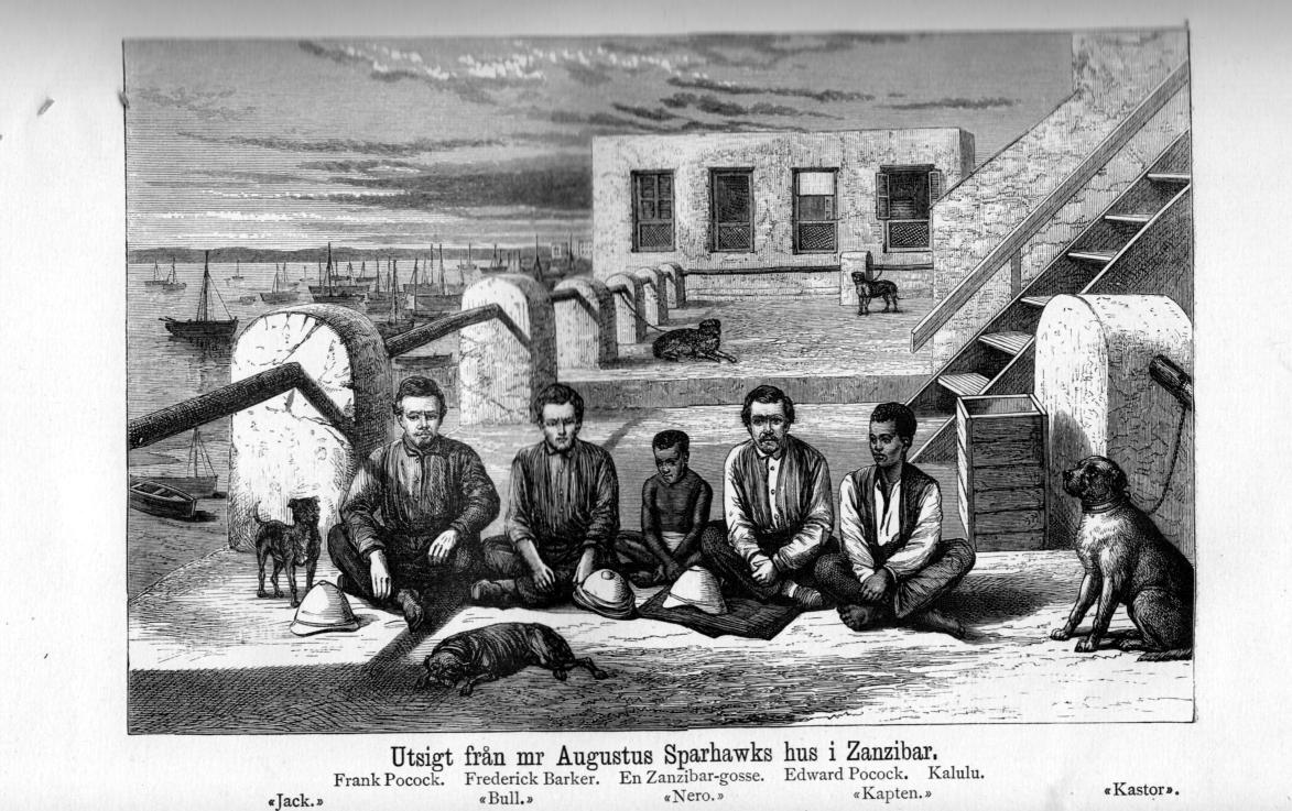Utsigt från mr Augustus Sparhawks hus i Zanzibar.<b<bFrank Pocock. Frederick Barker. En Zanzibar-gosse. Edward Pocock. Kalulu.<b<b»Jack.»    »Bull.»   »Nero.»   «Kapten.»   «Kastor».