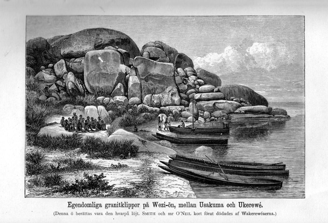 Egendomliga granitklippor på Wezi-ön, mellan Usakuma och Ukerewé.<b<b(Denna ö berättas vara den hvarpå löjt.<span class=