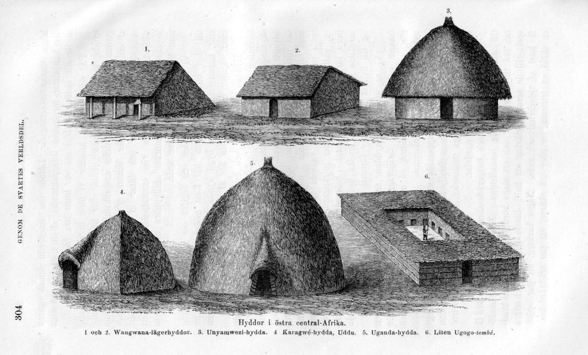 Hyddor i östra central-Afrika.<b1 och 2. Waugwana-lägerhyddor. 3. Unyamwezi-hydda. 4. Karagwe-hydda, Uddu.  5. Uganda-hydda. 6. Liten Ugago-tembé.