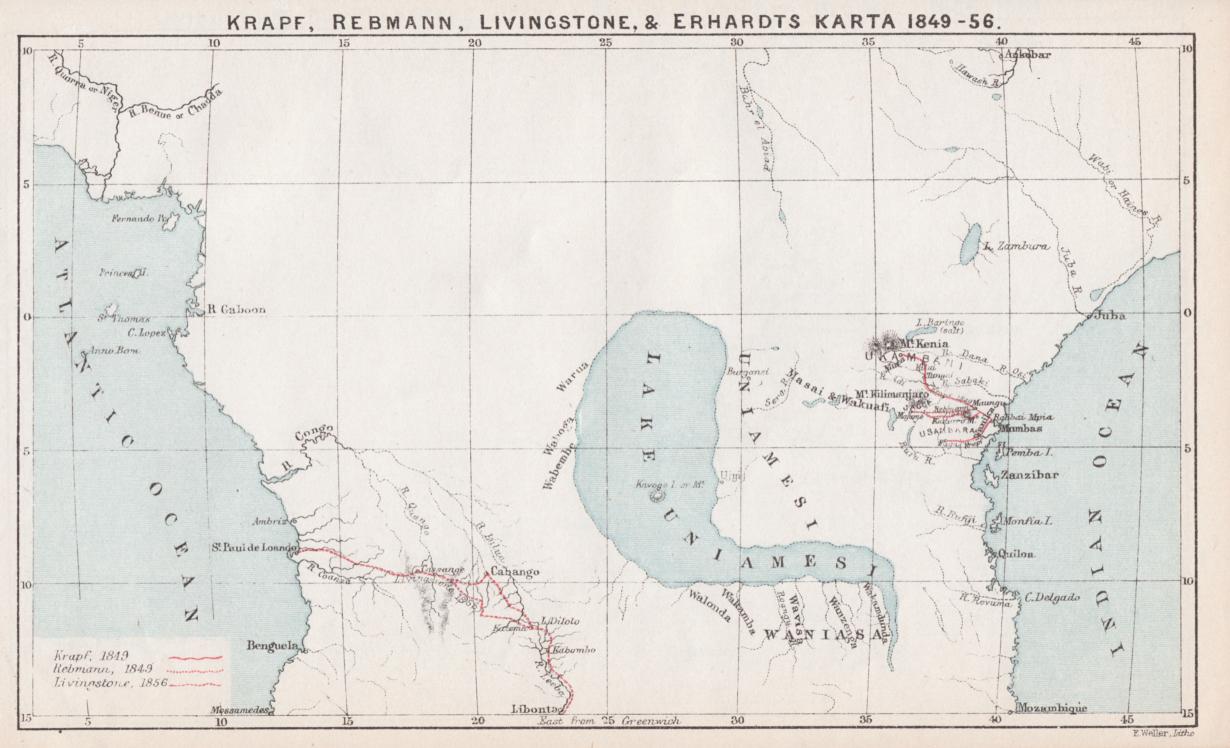 KRAPF, REBMANN, LIVINGSTONE, och ERHARDTS KARTA 1849-56.
