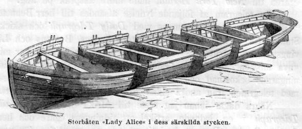 Storbåten «Lady Alice« i dess särskilda stycken. Storbåten «Lady Alice« i dess särskilda stycken.