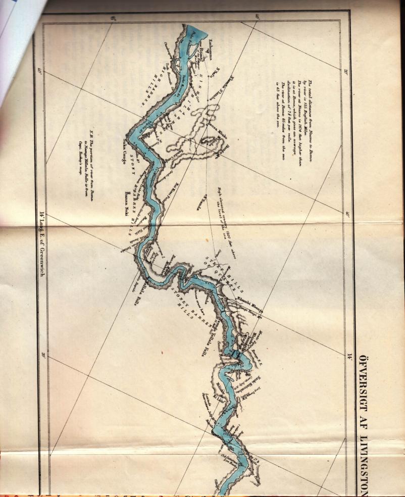 Karta: Översigt av Livingstone fallen (23 till antalet) i öfre Livingstonefloden från Stanleys träsk till Bomaerna af Henry M. Stanley.<bVästra delen.