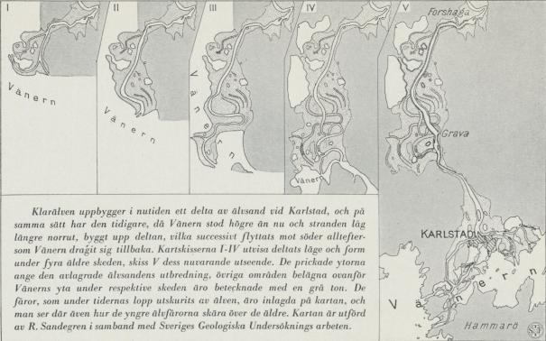 Klarälvens mynningsdelta under olika tidsskeden.