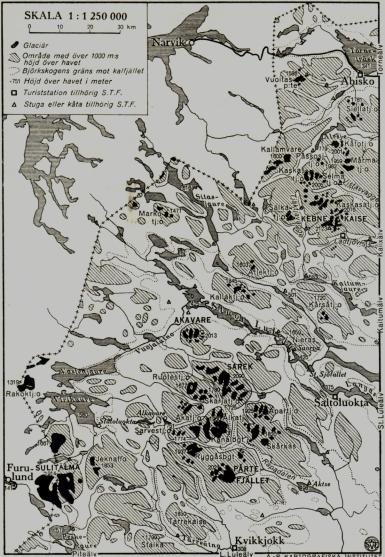 KARTA ÖVER NORRBOTTENS GLACIÄRER.<bHöjdkurvan för 1 000 meter över havet, vilken inlagts å kartan, sammanfaller<btillnärmelsevis med den nedre gränsen för glaciärernas förekomst.