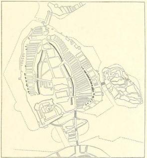 Karta öfver Staden inom broarna, utvisande de gamla och nya murarnas sannnolika sträckning.