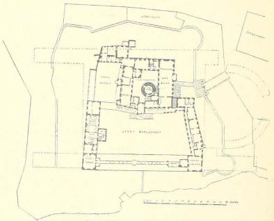 Plan af Stockholms gamla slott.<b(Den prickade linien visar det nuvarande slottets plan.)
