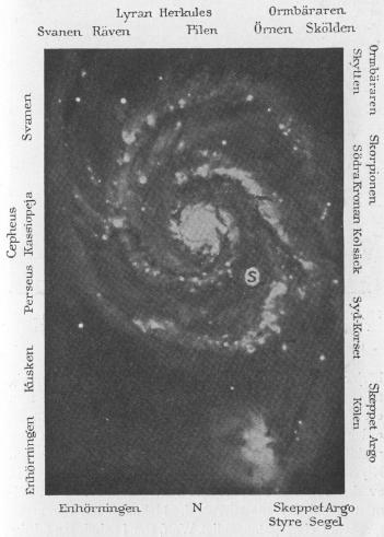 Fig. 2. Spiralnebulosan 51 i Messiers katalog, belägen i stjärnbilden<bJakthundarne, fotograferad den 7 och 8 Febr. 1910 på Mount<bWilson-observatoriet i Kalifornien. Skala I mm. = 5 bågsek.