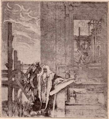 Nik. Tessin d. y. besökande Stockholms slotts nybyggnad.<b<smalKartong till väggmålning i Nationalmuseum af Carl Larsson.</smal