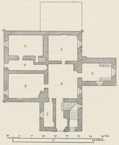 Bild 46. Plan af bottenvåningen, Tynnelsö.<b(Kvadraten från medeltiden, de tre flyglarna från 1500-talet.)