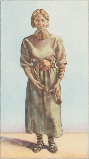 Bronsålderskvinna. Akvarell av H. Charpentier.