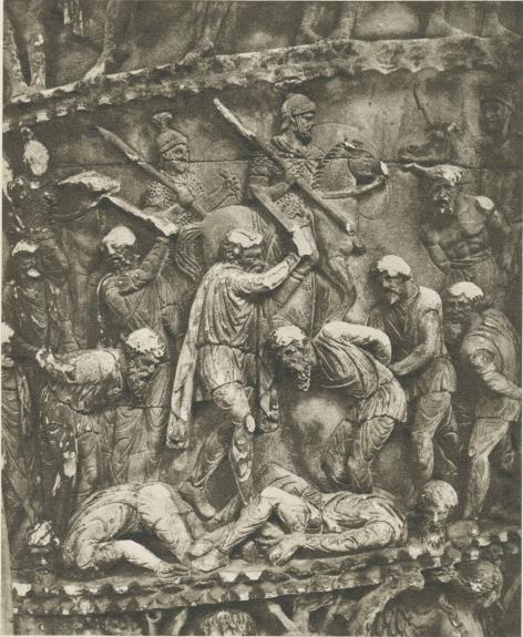 Germanska krigare halshuggas. Relief på Marcus Aurelius-pelaren i Rom.