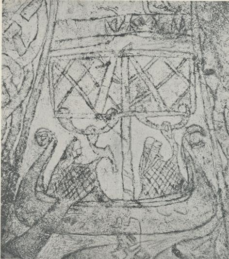Vikingaskepp, från en bildsten vid Lillbjers i Stenkyrka socken på Gotland. Båten har<brutat råsegel, och på styrbords sida sitter den kraftiga styråran.