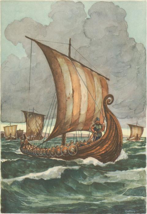 Vikingaflotta. Akvarell av G. Gottorp.