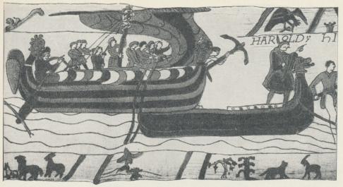 Vikingaskepp enligt Bayeuxtapeten. Bonadens båttyp är välkänd genom de märkliga<bnorska fynden, främst från Oseberg och Gokstad, av fullständigt bevarade farkoster<bfrån vikingatid.