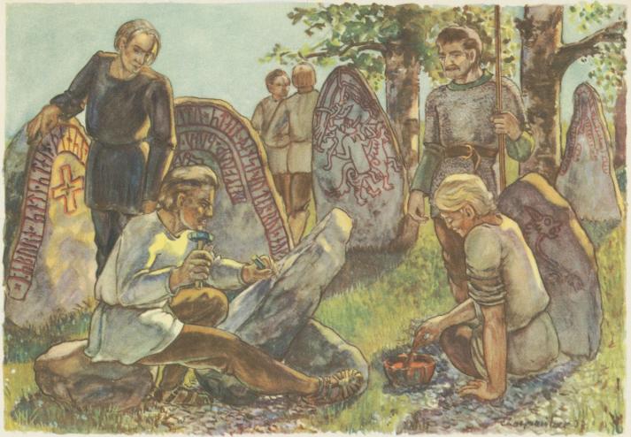 Vikingatidens runristare i arbete.<bAkvarell av H. Charpentier.
