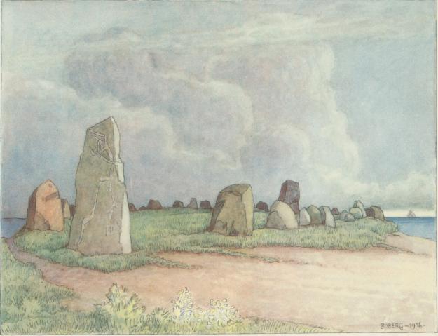 Skeppssättningen vid Kåseberga i Skåne. Akvarell av Ferdinand Boberg.