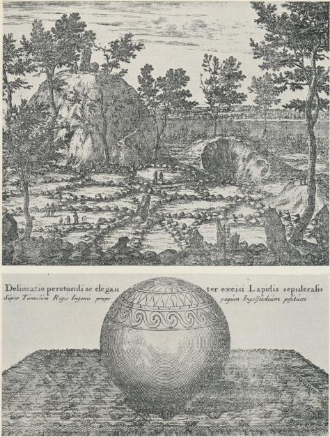Ovanstående bilder — kopparstick ur Eric Dahlbergs 1717 utkomna stora verk »Suecia<bantiqua et hodierna» — böra jämföras med bilderna å sid. 329 och 238; de uppges<bnämligen visa »Konung Inges grav med en uthuggen gravsten och en minnesvård samt<bgravhögen över konungens rådsherrar och stormän samt en jättegrav, 31 alnar lång». Både<bInglingehögen själv och det dekorerade stenklotet på dess topp (som visas på den undre<bbilden) äro allt annat än korrekt återgivna; bilderna belysa förträffligt stormaktstidens<bfantasifulla begrepp om våra fornminnen. Ovanstående bilder — kopparstick ur Eric Dahlbergs 1717 utkomna stora verk »Suecia<bantiqua et hodierna» — böra jämföras med bilderna å sid. 329 och 238; de uppges<bnämligen visa »Konung Inges grav med en uthuggen gravsten och en minnesvård samt<bgravhögen över konungens rådsherrar och stormän samt en jättegrav, 31 alnar lång». Både<bInglingehögen själv och det dekorerade stenklotet på dess topp (som visas på den undre<bbilden) äro allt annat än korrekt återgivna; bilderna belysa förträffligt stormaktstidens<bfantasifulla begrepp om våra fornminnen.