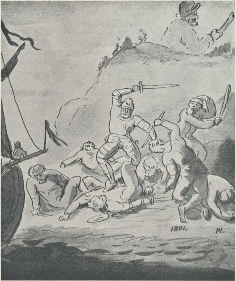 »Ramunder (i medeltida riddarrustning!) dödar jättarna», lavyr av Pehr Hörberg 1801,<bett av de allra tidigaste exemplen på fornnordiska motiv i svensk konst. Raden av<b1800-talets konstverk, inspirerade av Nordens fornhävder och sagor, inledes annars av de<b1818 utställda skisserna till J. G. Sandbergs »Valkyriorna», fortsättes av bl. a. M. E.<bWinge (se plansch vid sid. 326) och Aug. Malmström (»Bråvallaslaget»; se även plansch<bvid sid. 350) och får sin avslutning i Carl Larssons stora, omstridda målning<b»Midvinterblot vid Uppsala tempel» (1913). Att en modern konstnär — som Ossian Elgström (se<bbilder å sid. 317 och 353) — hämtar sina motiv ur den nordiska fornvärldens myter och<bsagor hör till undantagen. »Ramunder (i medeltida riddarrustning!) dödar jättarna», lavyr av Pehr Hörberg 1801,<bett av de allra tidigaste exemplen på fornnordiska motiv i svensk konst. Raden av<b1800-talets konstverk, inspirerade av Nordens fornhävder och sagor, inledes annars av de<b1818 utställda skisserna till J. G. Sandbergs »Valkyriorna», fortsättes av bl. a. M. E.<bWinge (se plansch vid sid. 326) och Aug. Malmström (»Bråvallaslaget»; se även plansch<bvid sid. 350) och får sin avslutning i Carl Larssons stora, omstridda målning<b»Midvinterblot vid Uppsala tempel» (1913). Att en modern konstnär — som Ossian Elgström (se<bbilder å sid. 317 och 353) — hämtar sina motiv ur den nordiska fornvärldens myter och<bsagor hör till undantagen.