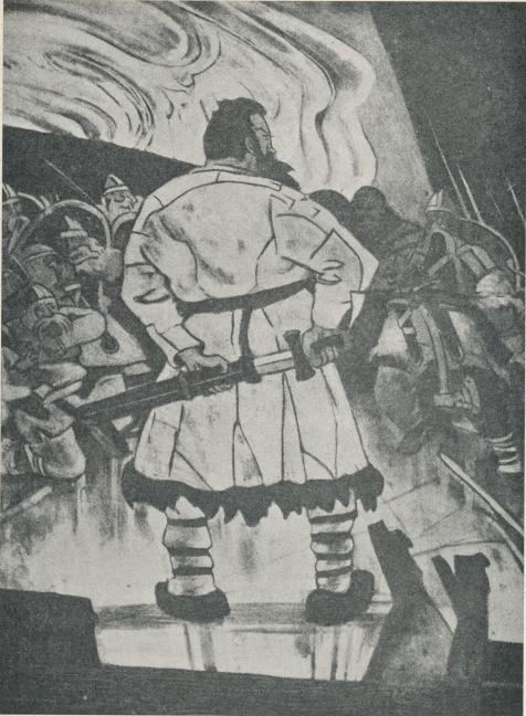 Som ingen annan konstnär har Ossian Elgström mäktat levandegöra hjältar och makter<bur den nordiska fornvärldens saga och historia. Hans kantiga linjeföring har »en klang<bsom av svärdsslag och i sin rödbruna kolorit en doft av blod och hedendom». Den<bkraftfulla vikingagestalten här ovan är Erik Röde, som enligt sagan fredlös seglade västerut<bfrän Island år 982, fann Grönland, bosatte sig där och red i ättestupa omkr. år 1000. Det<bvar hans son, Leif Erikson, som ungefär samtidigt upptäckte Amerika, sagans "Vinland».