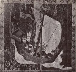 En senmedeltida, naiv framställning av Erik den heliges och biskop Henriks<blegendariska korstågsfärd till Finland i ett skepp, som påminner om<bde bl. a. i talrika stadsvapen bevarade bilderna av hanseatiska fartyg. —<bMålning, från 1400-talet, å altartavla i Länna kyrka, Uppland.