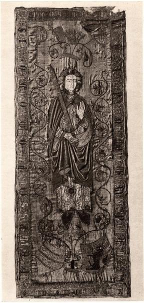 Broderat gravtäcke med Holmger Knutssons bild.<b1400-talets slut. Statens historiska museum.