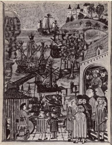 På detta sätt har en samtida tysk konstnär sett och återgett folklivet och trafiken i en<bhanseatisk hamn vid medeltidens slut. — Det måste ha tett sig ungefär likadant i de<bsvenska hamnarna som på andra sidan Östersjön. Hansan behärskade praktiskt taget all<bhandel i Nordeuropa, och vid 1400-talets slut var även dess politiska makt på sin<bhöjdpunkt. — Målning i en handskrift av den Hamburgska stadsrätten 1497. Statsarkivet,<bHamburg.