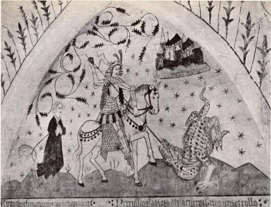 Denna framställning av det äktmedeltida motivet S:t Görans strid med draken är utförd<bav Johannes Iwan 1452 i Vendels kyrka i Uppland. Denna framställning av det äktmedeltida motivet S:t Görans strid med draken är utförd<bav Johannes Iwan 1452 i Vendels kyrka i Uppland.