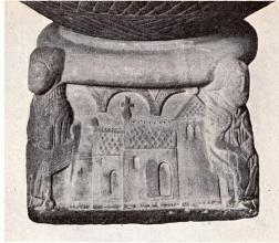 På en relief å den vid sid. 156 som plansch återgivna<bdopfunten från Tingstads kyrka i Östergötland får man en<bbild av en typsik romansk landskyrka på 1100—1200-talet<b — med torn, långhus, kor och halvrund absid.