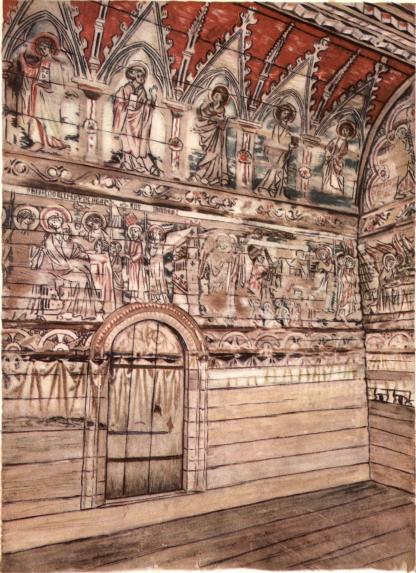 Koret i Södra Råda kyrka, Värmland, med målningar daterade 1323.<bEfter akvarell i Antikvarisk-topografiska arkivet.
