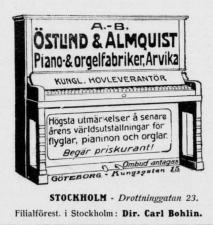 A.-B.<bOSTLUND & ALMQUIST<bPiano- & orgelfabriker, Arvika<bKUNGL. HOVLEVERANTÖR<bHögsta utmärkelser å senare<bårens världsutställningar for<bflyglar, pianmon och orglar<bBegär priskurant!<bOmbud antagas<bGöteborg - Kungsgatan 25<bSTOCKHOLM - Drottninggatan 23.<bFilialförest. i Stockholm: Dir. Carl Bohlin. A.-B.<bOSTLUND & ALMQUIST<bPiano- & orgelfabriker, Arvika<bKUNGL. HOVLEVERANTÖR<bHögsta utmärkelser å senare<bårens världsutställningar for<bflyglar, pianmon och orglar<bBegär priskurant!<bOmbud antagas<bGöteborg - Kungsgatan 25<bSTOCKHOLM - Drottninggatan 23.<bFilialförest. i Stockholm: Dir. Carl Bohlin.