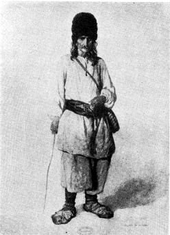 Fig. 3. Rumänsk bonde från Transsylvanien,<befter en akvarell av Valerio från år 1851.<bAllmogens dräkt har sedan flera årtusenden<bbibehållit sig oförändrad. På trajanuspelaren i<bRom se vi dacier likadant klädda som bonden<bhärovan.