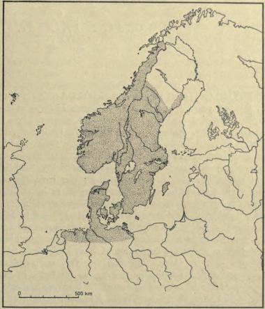 Fig. 1. The country of the Teutons 2,000 years B. C., (shown by the dotted portions).<bThe districts (Finland, the Baltic provinces belonging to Russia, and the country round the Vistula, etc.),<bto which the Teutons had already migrated during the stone age, are not given on the map.