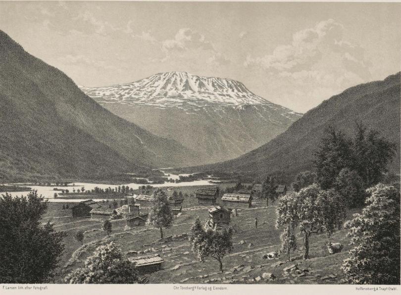 <smalF. Larsen lith. efter Fotografi.                                Chr. Tönsberg:s Forlag og Eiendom.                                Hoffensberg & Trap:s Etabl.</smal<b<bi<biDALE MED GAUSTA I BAGGRUNDEN.</bi</bi