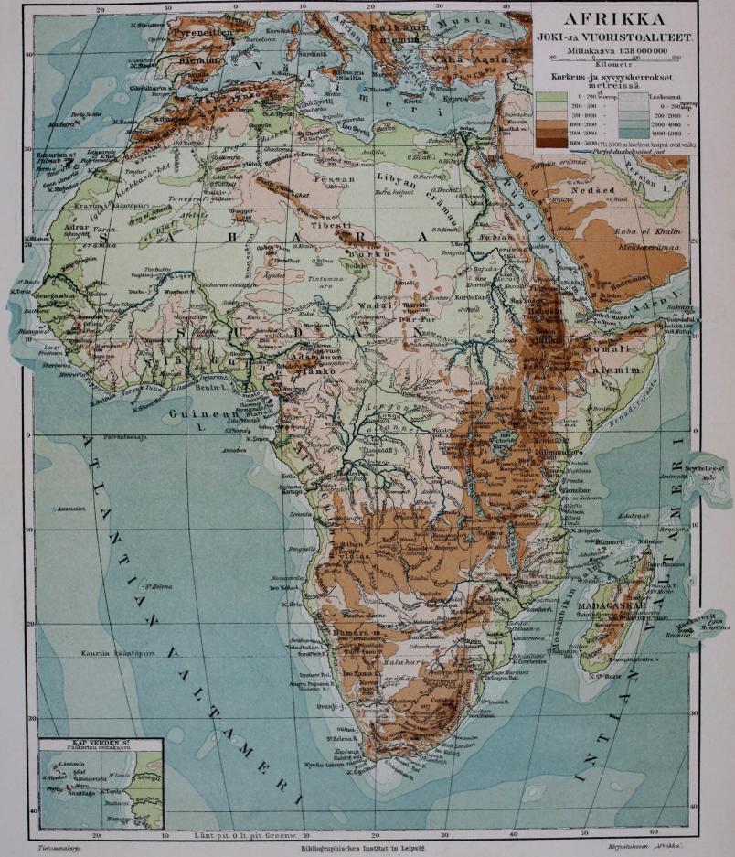 Tietosanakirja        Bibliographisches Institut in Leipzig.        Kirjoitukseen „Afrikka”.<bAFRIKKA<bJOKI- ja VUORISTOALUEET