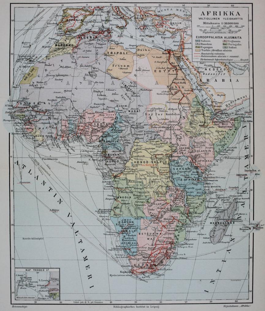 Tietosanakirja        Bibliographisches Institut in Leipzig.        Kirjoitukseen „Afrikka”.<bAFRIKKA<bVALTIOLLINEN YLEISKARTTA