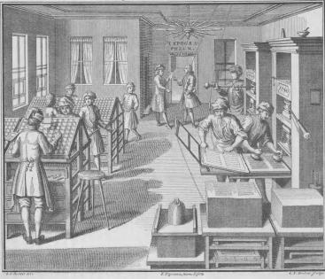 Kirjapaino 1740-luvulla – Ett boktryckeri på 1740-talet.