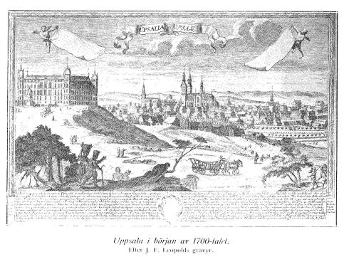 Uppsala i början av 1700-talet.<bEfter J. F. Leopolds gravyr.