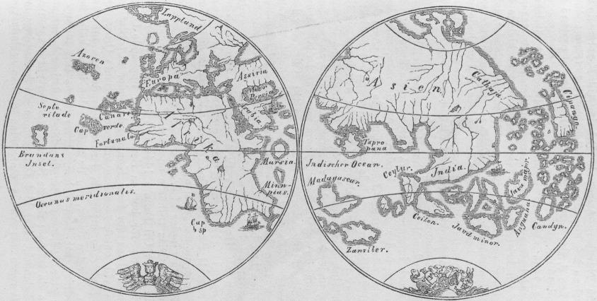 31.  De båda jordhalfvorna.  Efter Behaims glob.
