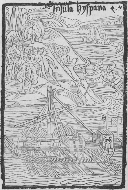 49. Upptäckten af ön San Domingo. Facsimile efter ett<bgammalt träsnitt från  1498.